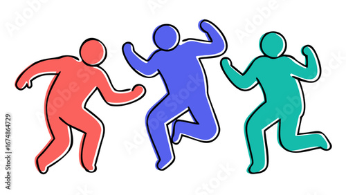 Three dancing figures coral blue teal people silhouettes