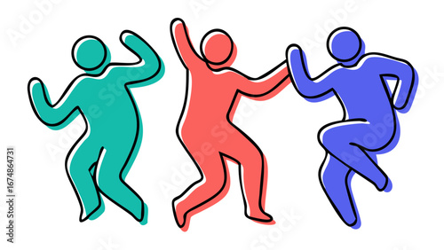 Three dancing figures in teal coral and blue people silhouettes