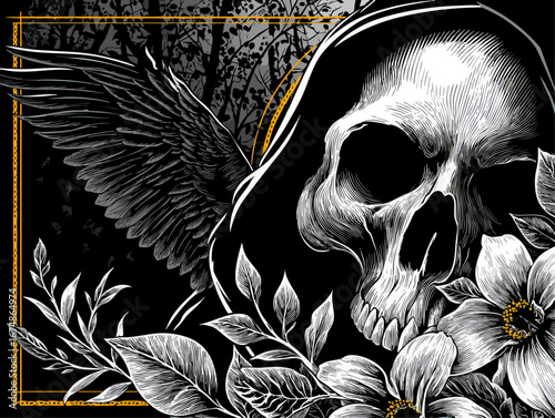 Gothic Grim Reaper Skull with Angel Wings and Flowers in Monochrome Line Art – Dark Fantasy, Halloween, Tattoo Design
