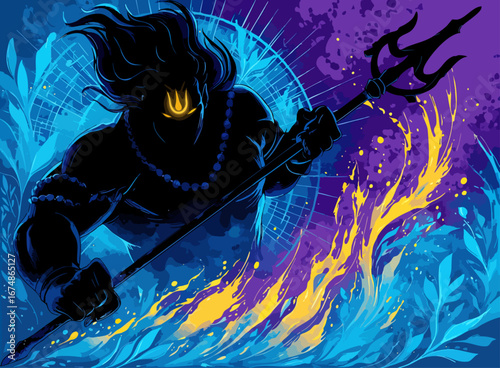Mystical Lord Shiva Silhouette with Trident, Abstract Fire and Water, Vibrant Blue and Purple Digital Artwork