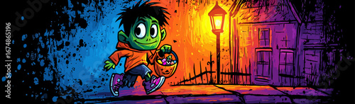 Halloween Cartoon Kid Trick-or-Treating at Night, Colorful Spooky Street Scene with Lantern, Pumpkin Candy Bucket