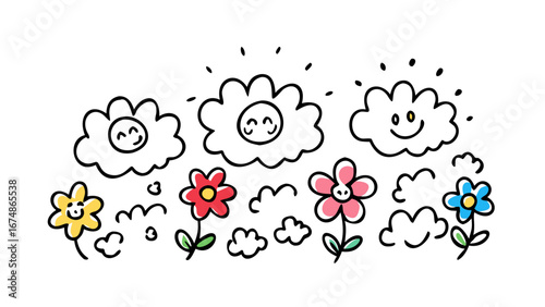 Yellow red pink blue flowers with green leaves vector