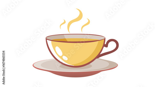 Yellow tea cup with steam on saucer hot drink