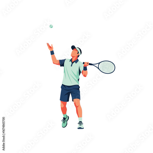 Tennis player serving, poised, focused, athletic, dynamic action.