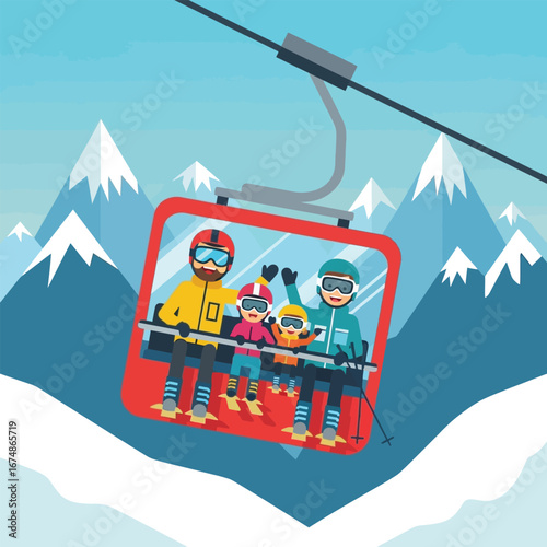 Happy family enjoys a scenic chairlift ride in the snowy mountains during a winter vacation.