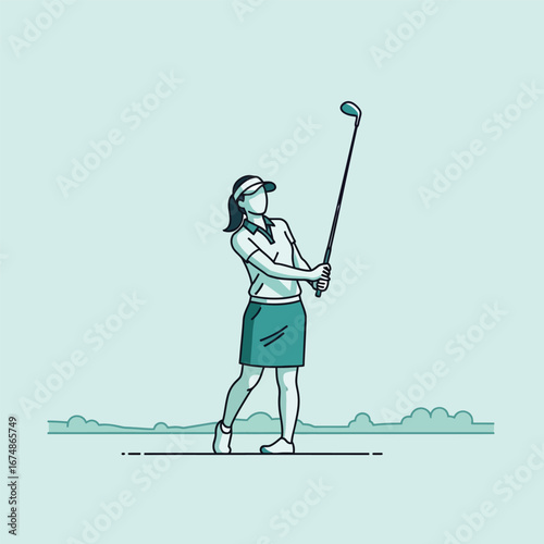 A female golfer swings a golf club, poised to hit the ball on the green field.