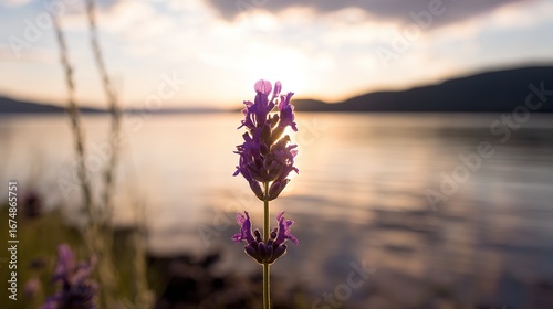The lavender flowers bloom, with delicate purple petals as the focal point and the setting sun against the backdrop, creating a serene and beautiful atmosphere.