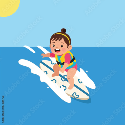 A happy baby girl wearing a life vest surfing on a surfboard in the ocean under the sun.
