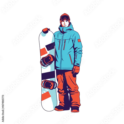 A snowboarder in winter gear stands holding a snowboard, ready for the slopes.