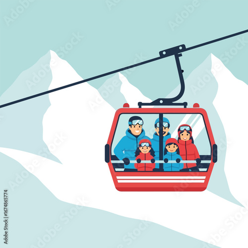 A family of five rides a red ski lift up a snowy mountain, enjoying the winter landscape.