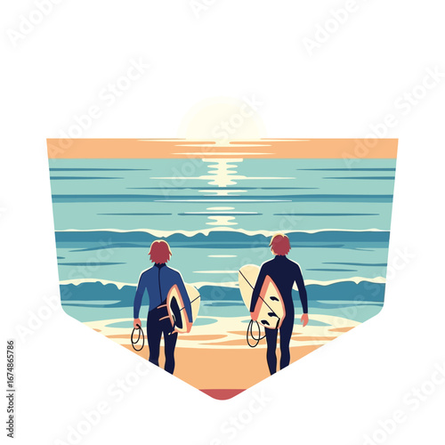 Two surfers walk towards the ocean, carrying their surfboards, at sunset on a sandy beach.