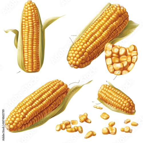 Corn cob PNG cutout isolated on white and transparent background. corn cob, fresh corn, corn PNG, corn cutout, isolated corn, corn on white, corn transparent background, sweet corn, organic corn.