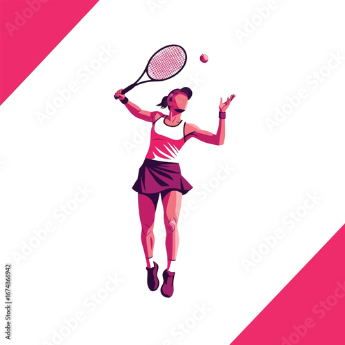 A stylized illustration of a female tennis player mid-serve, preparing to hit the ball.
