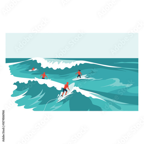 Illustration of surfers riding waves in the ocean, enjoying the water sport.