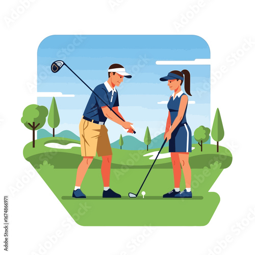 A golf instructor demonstrating a swing to a female golfer on a sunny day.