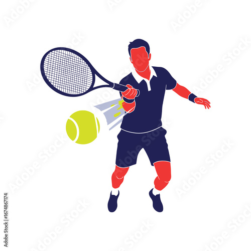Tennis player hitting a ball with a racket during a game, illustrated with dynamic motion lines.