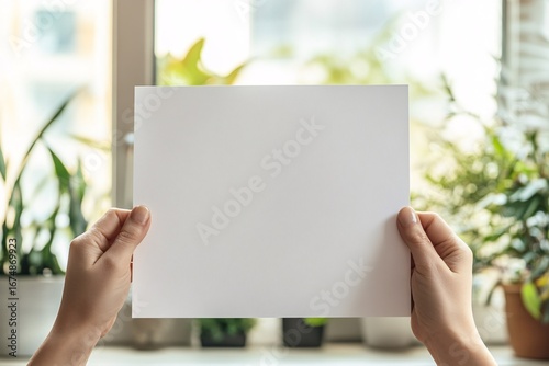 Hands hold blank white paper in front of a window with plants.