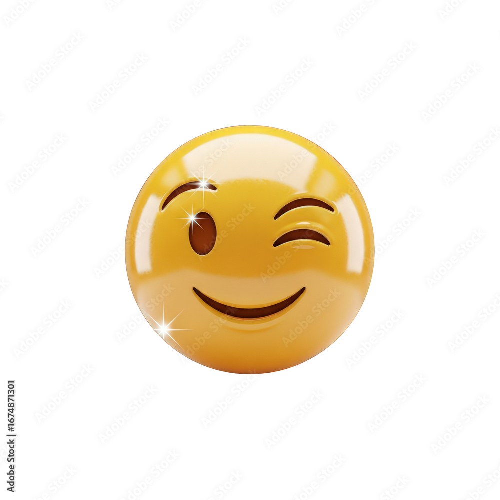 Fototapeta premium A single yellow winking emoji with a slight smile isolated against a completely black background space