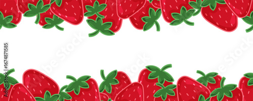 Vector seamless border with strawberries and green leaves on top and bottom, large blank center for text. Good for menus, labels, packaging and summer designs