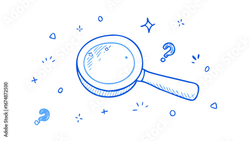 Blue doodle magnifying glass with question marks search