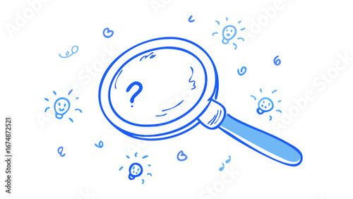 Blue doodle magnifying glass with light bulbs question mark