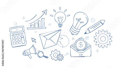 Business doodle icons finance strategy