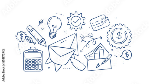 Business doodle icons with blue outlines vector