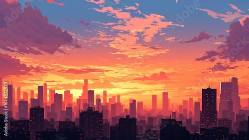 Vibrant urban skyline at sunset showcases warm orange and pink hues illuminating buildings, creating serene and captivating atmosphere