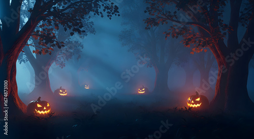 Mystical Halloween landscape with carved pumpkins glowing in a dark, spooky forest shrouded in mist and moonlight