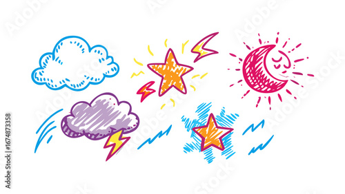 Cartoon weather elements with stars and moon comic