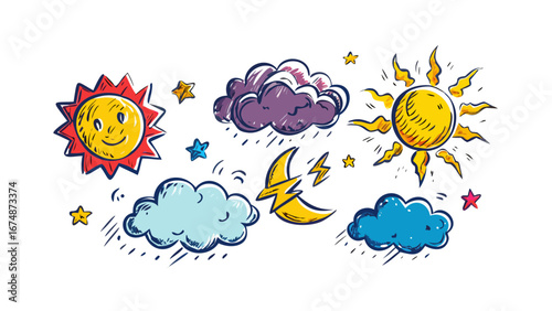 Cartoon weather icons moon clouds