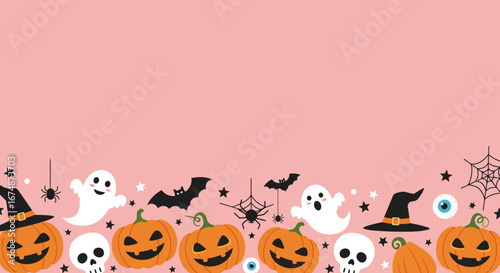 Halloween themed border with pumpkins, ghosts, bats, spiders, stars, skulls, witch hats, and an eyeball on a pink background.