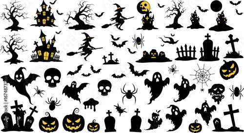 Halloween silhouette icons collection, featuring haunted house, witch, bats, ghosts, and other spooky symbols on a white background.