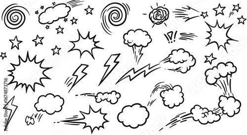 Collection of comic book style graphic elements, including speech bubbles, stars, lightning bolts, and swirls.