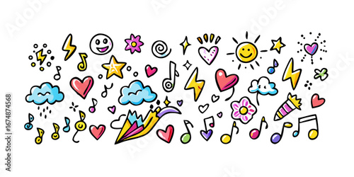 Colorful doodle icons hearts stars lightning vector