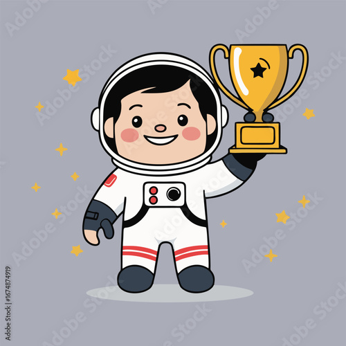 A playful astronaut wearing a space helmet, hugging a large trophy tightly, surrounded by joyful cartoon animals wearing tiny astronaut suits, all celebrating together.
