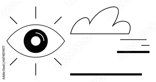 Eye with light rays, a cloud, and dynamic lines evoke clarity, creativity, and vision. Ideal for innovation, mindfulness, focus, vision perception inspiration simple landing page