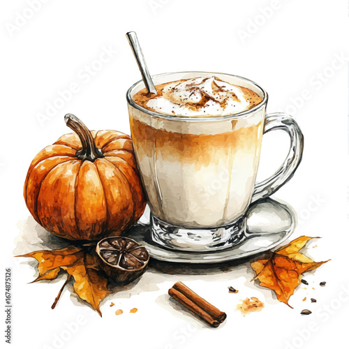 Pumpkin Spice Latte, watercolor painting vector, isolated on a white background.