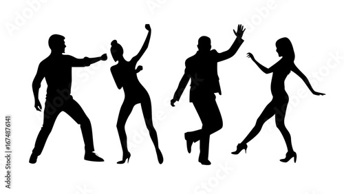 Diverse group of people dancing joyfully silhouettes