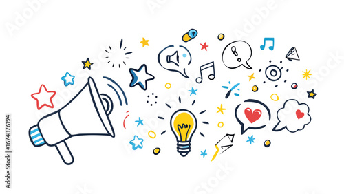 Doodle elements with lightbulb and megaphone illustration