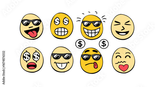 Eight expressive emoji faces expressions sunglasses