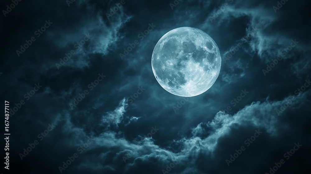 Fototapeta premium Cloudy Sky Over Blue Moon, Nighttime Celestial Landscape, Ethereal, Moonlight Ambiance