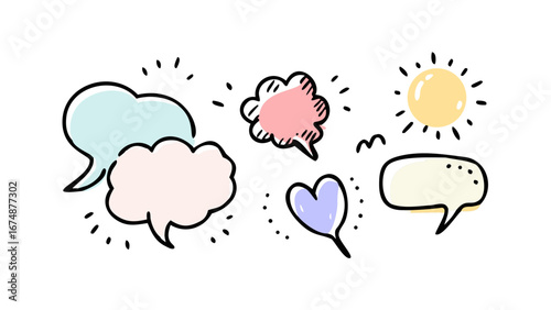 Hand drawn colorful speech bubbles and sun thought bubbles
