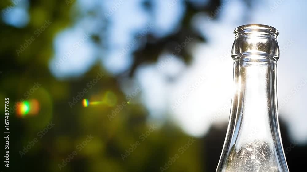 Close up of a clear glass bottle against a blurred green background