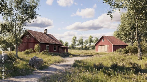 Idyllic Swedish countryside with red farmhouses and lush greenery under summer sky