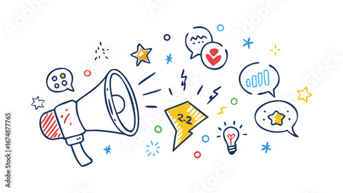 Hand drawn doodle icons with megaphone and lightbulb