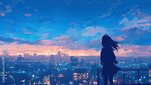 Girl on Rooftop Gazes at Vibrant City Skyline During Sunset, Surrounded by Colorful Clouds and Twinkling Stars, Evoking Sense of Wonder