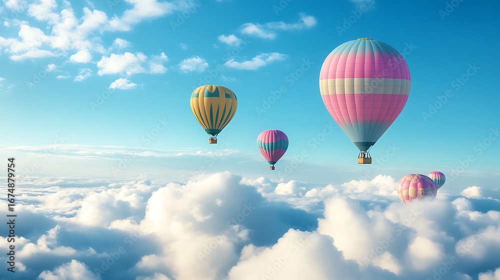 Obraz premium Colorful Hot Air Balloons Ascending Over White Fluffy Clouds Against Azure Sky