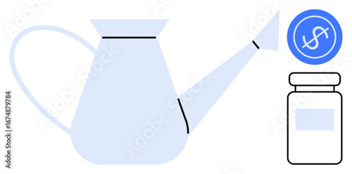 Watering can pouring onto a jar near a dollar sign coin, signifying investment growth, savings, and nurturing finances. Ideal for investment, entrepreneurship, financial planning, growth strategy