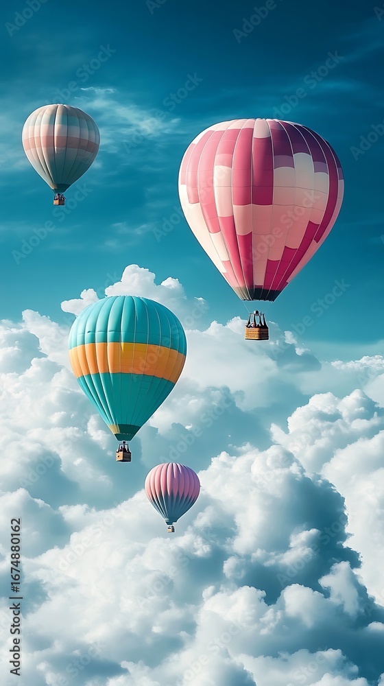 Obraz premium Colorful Hot Air Balloons Floating in Sky Amidst Clouds, Adventure,Travel,Sky High